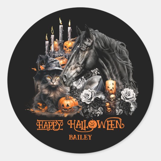 Halloween zwart Paard zwart Kat spooky Ronde Sticker (Voorkant)