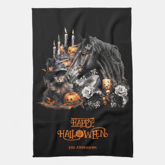Halloween zwart Paard zwart Kat spooky Theedoek (Verticaal)