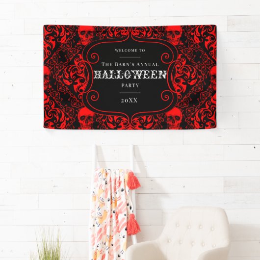 Halloween Zwart Rood Gotisch Schedel Damast Spandoek (Insitu)