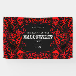 Halloween Zwart Rood Gotisch Schedel Damast Spandoek
