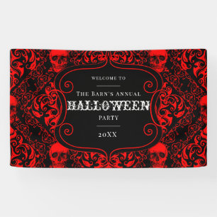 Halloween Zwart Rood Gotisch Schedel Damast Spandoek