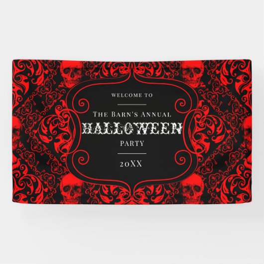 Halloween Zwart Rood Gotisch Schedel Damast Spandoek (Horizontaal)