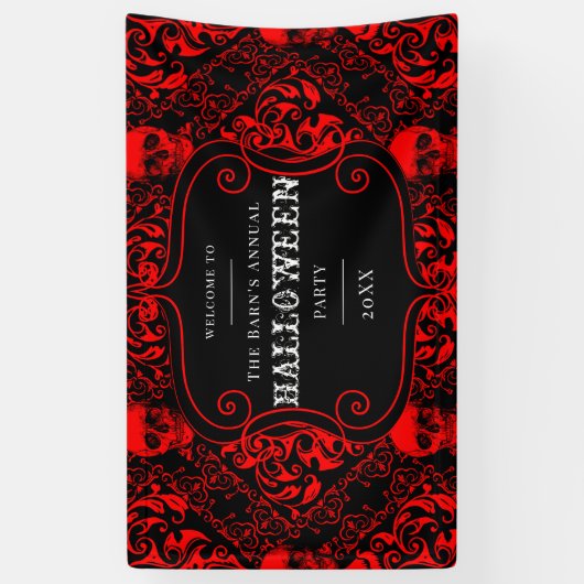 Halloween Zwart Rood Gotisch Schedel Damast Spandoek (Verticaal)