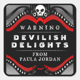 Halloween Zwart Rood & Wit Treat Waarschuwingsetik Vierkante Sticker