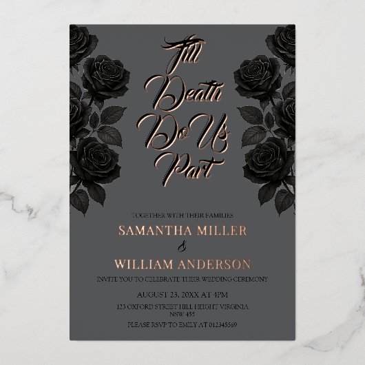 Halloween Zwart Roos Gotische bruiloft Folie Folie Uitnodiging (Voorkant)