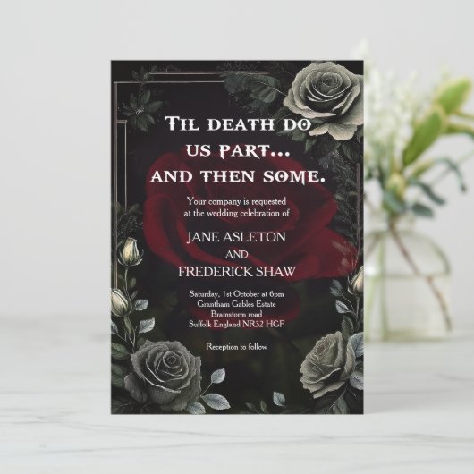 Halloween zwart Roos gotische bruiloft uitnodiging (Staand voorkant)