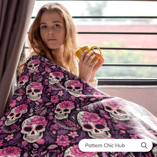 Halloween Zwart & Roze Suikerschedel Modern  Fleece Deken