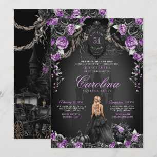 Halloween Zwart Rozen Paarse Prinses Quinceañera Kaart