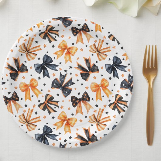 Halloween Zwart Sinaasappel Coquette Bow Papieren Bordje