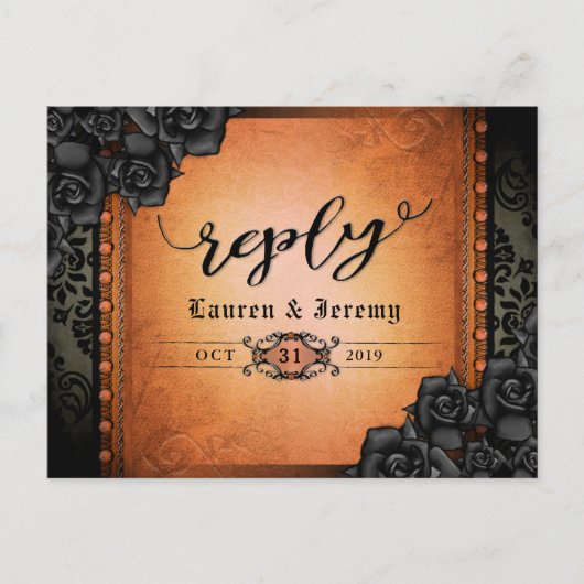Halloween Zwart & Sinaasappel Gothic Beantwoorden Uitnodiging Briefkaart (Voorkant)