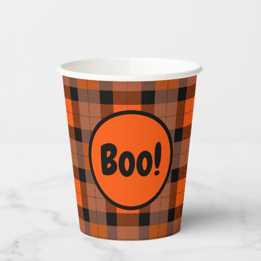 Halloween Zwart Sinaasappel Plaid Boo! Papieren Bekers (Links)
