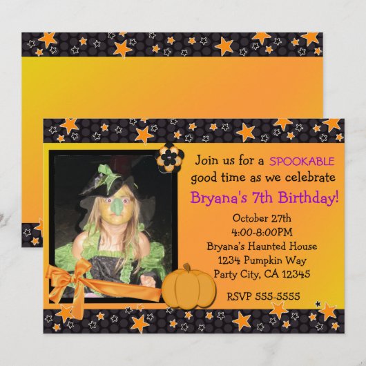 Halloween zwart sinaasappel sterren foto uitnodigi kaart (Voorkant / Achterkant)