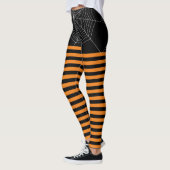 Halloween Zwart Sinaasappel Wit spin web strepen Leggings (Links)