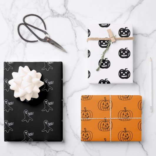 Halloween zwart sinaasappel wit spookjack o lantaa inpakpapier vel (Voorkant)