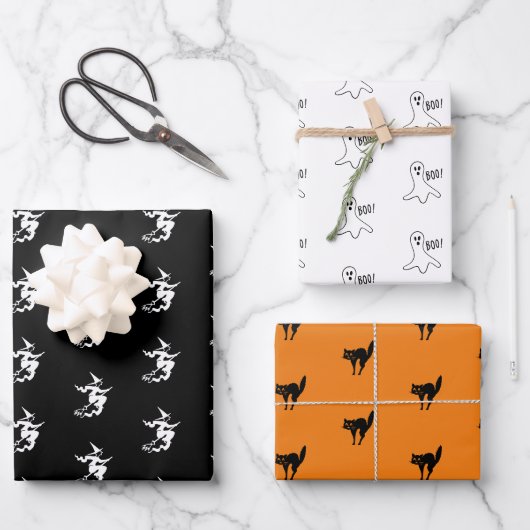 Halloween zwart sinaasappel wit zwart kattengeest inpakpapier vel (Voorkant)