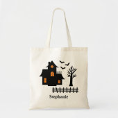 Halloween zwart spookhuis silhouet en naam tote bag (Voorkant)