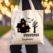 Halloween zwart spookhuis silhouet en naam tote bag