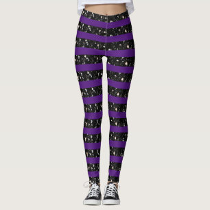 Halloween Zwart sprankelt strepen lijnen op paarse Leggings