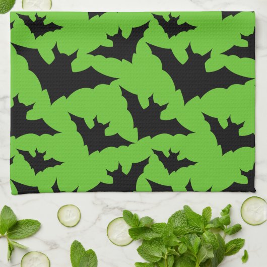 Halloween zwart vleermuizen groen cool spooky patr theedoek (Gevouwen)