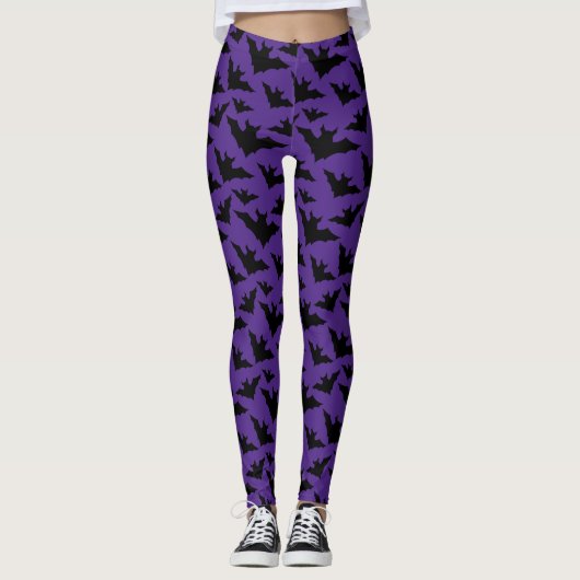 Halloween zwart vleermuizen paarse cool spooky pat leggings (Voorkant)