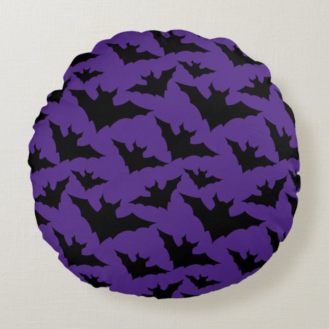 Halloween zwart vleermuizen paarse cool spooky pat rond kussen (Voorkant)