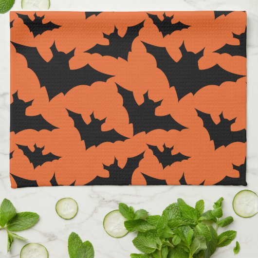 Halloween zwart vleermuizen sinaasappel cool spook theedoek (Gevouwen)