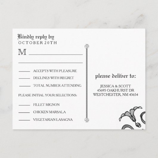 Halloween Zwart Wit Gothic Scroll RSVP MENU (Achterkant)