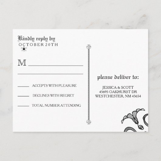 Halloween Zwart Wit Gothic Scroll RSVP Uitnodiging Briefkaart (Achterkant)