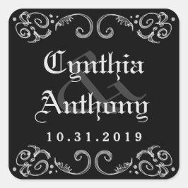 Halloween Zwart Wit Gotische Namen & Trouwdatum Vierkante Sticker