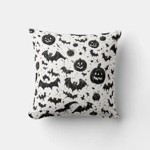 Halloween Zwart Wit Jack O'Lantern Vleermuis Doodl Kussen