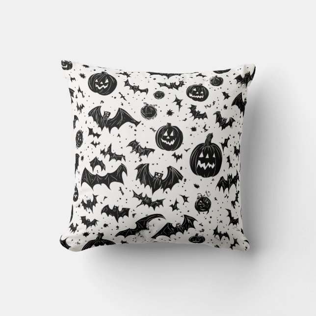 Halloween Zwart Wit Jack O'Lantern Vleermuis Doodl Kussen (Voorkant)