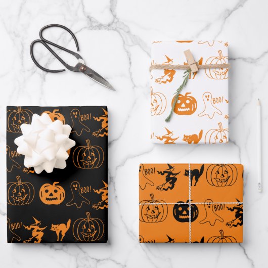 Halloween zwart wit oranje spookpatroon inpakpapier vel (Voorkant)