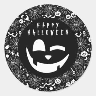 Halloween Zwart-Wit Pompoen Gelukkig Gezicht Ronde Sticker