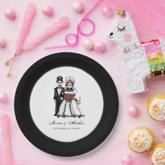 Halloween Zwart & Wit Rood Skeletten Matching Papieren Bordje (Feest)