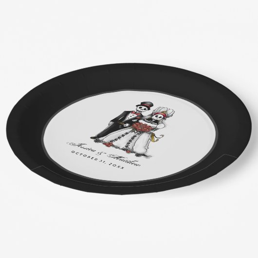 Halloween Zwart & Wit Rood Skeletten Matching Papieren Bordje (Gekanteld)