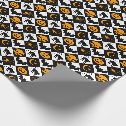 Halloween Zwart Wit Sinaasappel Harlekijnpatroon Cadeaupapier (Hoek)
