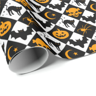 Halloween Zwart Wit Sinaasappel Harlekijnpatroon Cadeaupapier