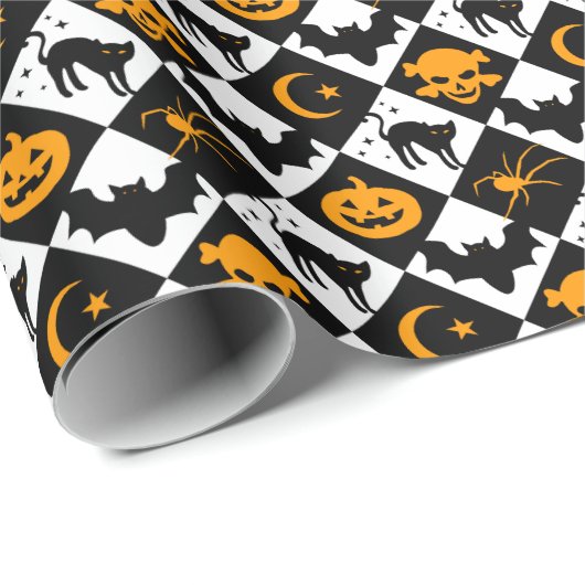 Halloween Zwart Wit Sinaasappel Harlekijnpatroon Cadeaupapier (Rol Hoek)