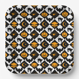 Halloween Zwart Wit Sinaasappel Harlekijnpatroon Papieren Bordje