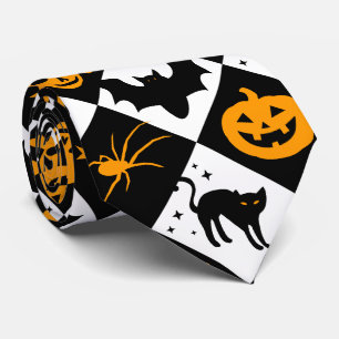 Halloween Zwart Wit Sinaasappel Harlekijnpatroon Stropdas