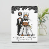 Halloween Zwart Wit Sinaasappel Skeleton Paar Kaart (Staand voorkant)