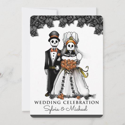 Halloween Zwart Wit Sinaasappel Skeleton Paar Kaart (Voorkant)