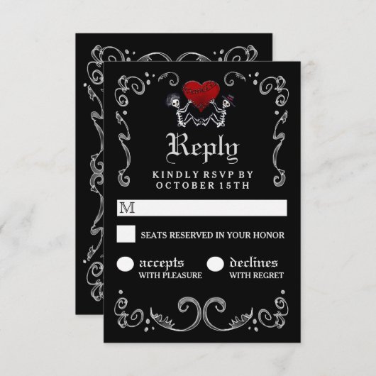 Halloween Zwart Wit Skeletten met Hart RSVP (Voorkant / Achterkant)