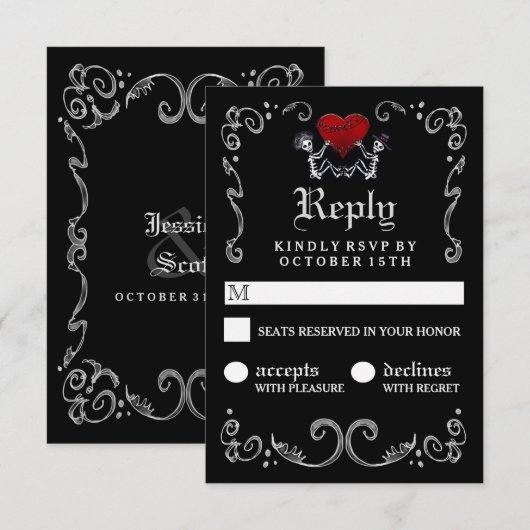 Halloween Zwart Wit Skeletten met Hart RSVP Kaartje (Voorkant / Achterkant)