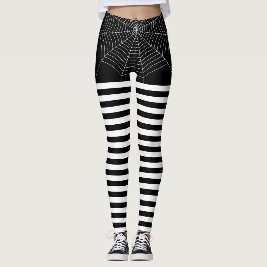 Halloween Zwart Wit spinnenweb strepen patroon Leggings (Voorkant)