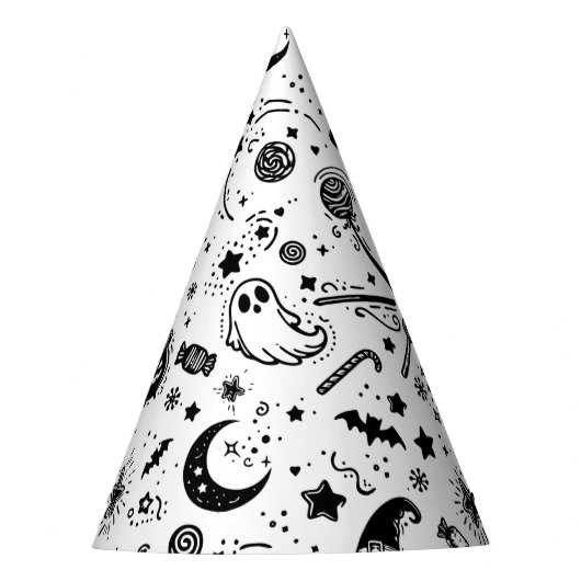 Halloween zwart-wit spookachtig verjaardagsfeestje feesthoedjes (Voorkant)