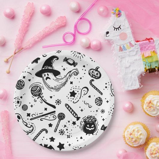 Halloween zwart-wit Spooky Line Art Verjaardag Papieren Bordje (Feest)