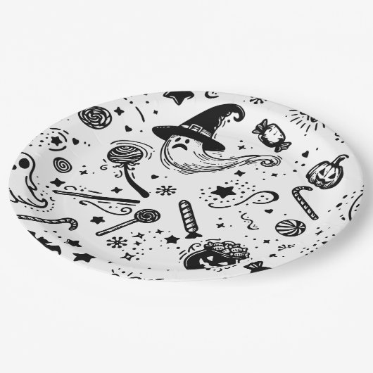 Halloween zwart-wit Spooky Line Art Verjaardag Papieren Bordje (Gekanteld)