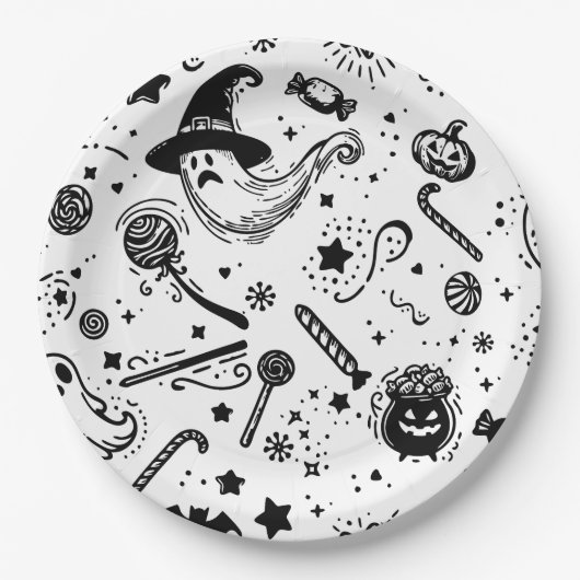 Halloween zwart-wit Spooky Line Art Verjaardag Papieren Bordje (Voorkant)