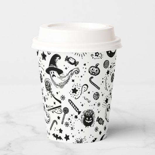 Halloween zwart-wit Spooky Lineart Verjaardag Papieren Bekers (Voorkant)